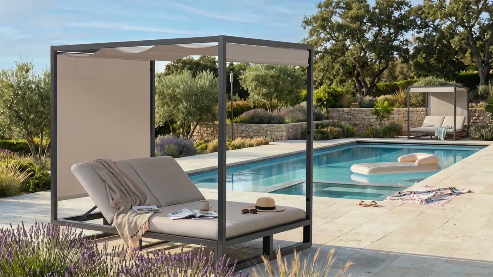 Poolside double lounger beneath an architectural canopy