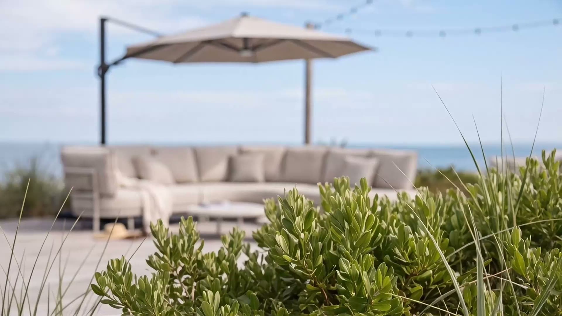 Coastal outdoor lounge setting framed by planting